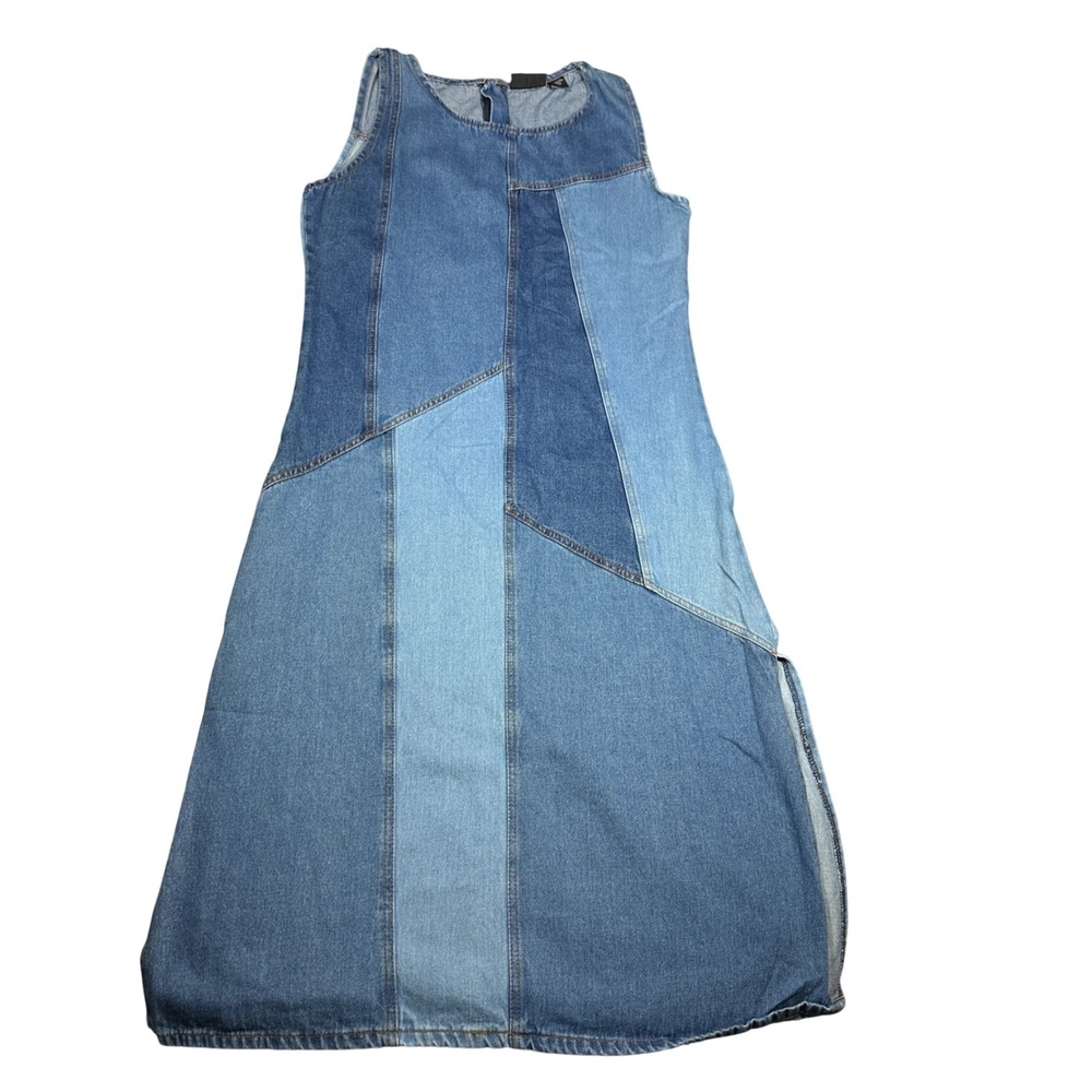 Vintage 90s Denim Dress Patchwork Maxi Dress Blue Sleeveless Cotton Large Modest